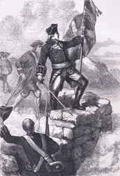 Washington planterar den brittiska flaggan i Fort Duquesne, illustration från Cassells History of the United States publicerad av Cassell, Petter & Galpin, c.1900 (litho)