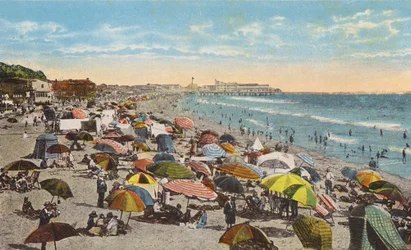 Kalifornien: "Movie Beach", Crystal Pier, Santa Monica, Kalifornien (färgfoto)