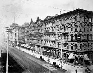 Östra sidan av State Street ser norrut från Madison Street, Chicago, c.1878