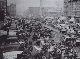 Haymarket Square fyllt med häst och vagn, Chicago