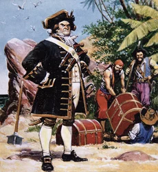 Piratchefen begraver skatten (färg litho)