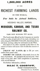 1 500 000 hektar av världens rikaste jordbruksmark, i Neosho Valley, Kansas, annons från Appletons Journal, 4 maj 1872