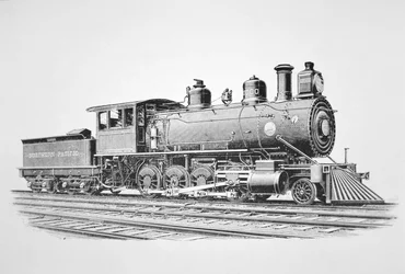 Ett lokomotiv av 2-8-0 Consolidation-typ byggt av Baldwin i juni 1889 för Northern Pacific Railway (litho)
