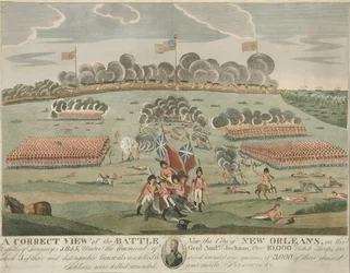 En korrekt vy av slaget nära staden New Orleans, pub. c.1815 (Handfärgad gravyr)