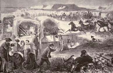 Ett vagnståg bildades till en inhägnad på Oregon Trail