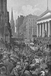 "En kort panik orsakad av det plötsliga misslyckandet i Grant and Wood bank", illustration från "Harper