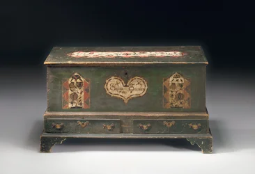 En målarfärgad dower-kista med hiss, inskriven Susana Scheblern, troligen Lancaster County, Pennsylvania, 1790