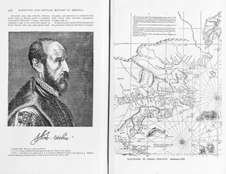 Abraham Ortel Oretelius (1527-98) och hans världskarta från 1569, illustration från "Narrative and Critical History of America", pub. år 1886
