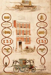 Annons för Abraham Vanness, brandbilsbyggare och tillverkare av brandbekämpningsutrustning, pub. av Geo. G. Gratacap, New York, ca 1850 (litho)