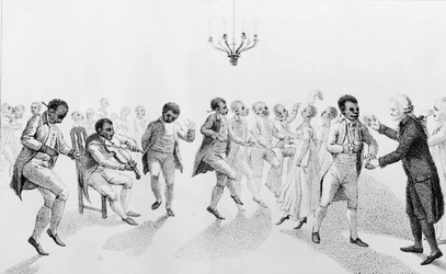 Afroamerikaner på en bal med guvernör John Hancock (1737-93), ur The Echo, with other poems av Richard Alsop (1761-1815), 1807