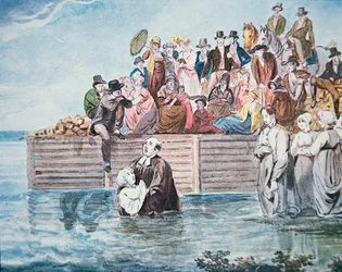 Anabaptister i Philadelphia bevittnar ett fullständigt dop i en flod (färg litho)