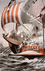 Arouji, Barbarossas bror, attackerar påven Julius II:s skattgalejer 1504 (färglitografi).