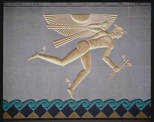 Basrelief föreställande Merkurius från exteriören av en av de 14 byggnaderna, byggd 1931-40