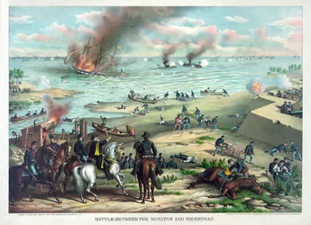 Battle Between the Monitor och Merrimac, 9 mars 1862 på Hampton Roads, nära Norfolk, Virginia, pub. Kurz & Allison, ca 1889