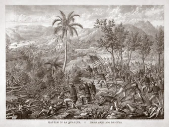 Slaget vid La Quasina, nära Santiago de Cuba, pub. 1898 (gravyr)