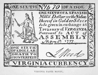 Sedlar för en sjättedel av en dollar, Virginias papperspengar från 1777 (litografi)