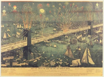 Fågelperspektiv över Great New York och Brooklyn Bridge och den stora fyrverkeriuppvisningen på öppningskvällen 1883