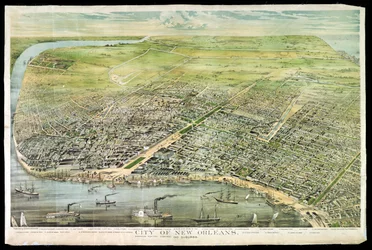 Fågelperspektiv över New Orleans och förorter, 1873