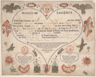 Födelse- och dopbrev (Geburts und Taufschein) för Maria Catharina Raup c.1806 (penna & bläck med akvarell på papper)