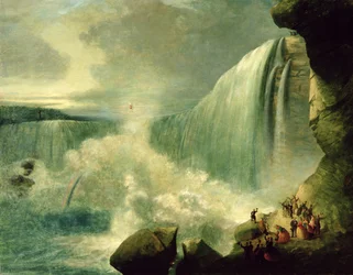 Blondin korsar Niagarafallen på ett lina, c.1859-60