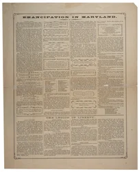 Bredsida angående rekrytering av afroamerikaner och firande av frigörelse i Maryland, Ringwalt & Brown (fl.1863-1865), ca 1 november 1864 (se även GLC 696014, 696015 & 696017)