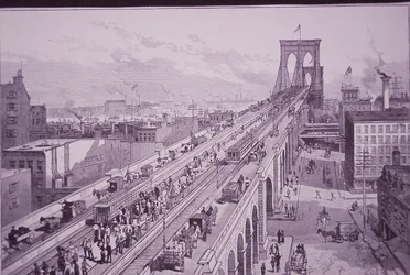 Brooklyn Bridge strax efter öppningsceremonin, publicerad 26 maj 1883 (gravyr)