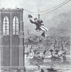 Brooklyn Bridge under konstruktion; Herr Farrington, byggnadsövervakare, är den första som korsar spännvidden mellan de två pylonerna den 25 augusti 1876 (gravyr)