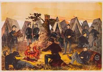 Camp Fire, pub. c1865 färglitografi