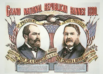 Kampanjaffisch för presidentkandidaten James A. Garfield (1831-81) och vicepresidentkandidat, Chester A. Arthur (1829-86) 1880 (lito i färg)