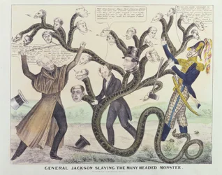 Karikatyr av general Jackson (1767-1845) Slaying the Many Headed Monster, publicerad av H.R. Robinson, ca 1836 (penna & bläck, penna & wc på papper)