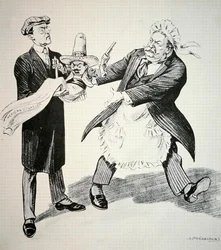 Tecknad serie som föreställer president William H. Taft (1857-1930) som överlämnar den problematiska "Mexikanska situationen" till sin efterträdare president Woodrow Wilson (1856-1924) 1913 (litho)
