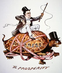 Tecknad serie som visar president William Mckinley (1843-1901) som försöker driva sin politik genom kongressen (färg litho)