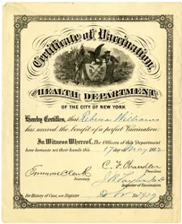 Vaccinationsintyg, hälsovårdsmyndigheten i staden New York..., 1882