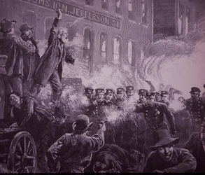 Chicago Haymarket Labor Riot från 1886, gravyr publicerad i Harper