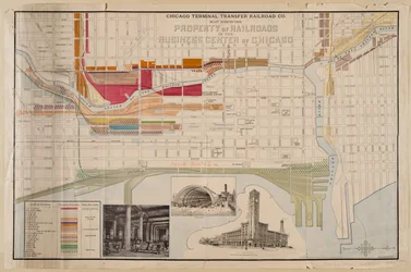 Chicago Terminal Transfer Railroad Co. karta som visar järnvägsfastigheter i affärscentrumet i Chicago, ca 1898