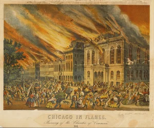 Chicago in Flames: Burning of the Chamber of Commerce (färg litho)