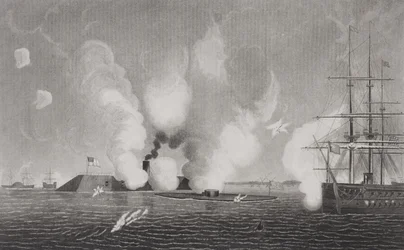 Strid mellan Confederate CSS Virginia (vänster) och Union USS Monitor (mitten) den 9 mars 1862 vid Hampton Roads, Virginia (se 254609 för detaljer)