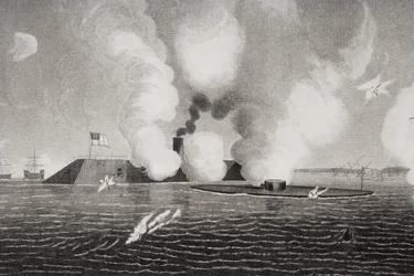 Strid mellan Confederate CSS Virginia (vänster) och Union USS Monitor (höger) den 9 mars 1862 vid Hampton Roads, Virginia (detalj av 254608)