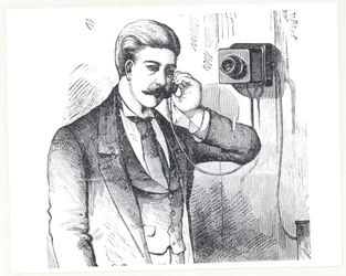 Kondensatortelefon i bruk, från The Electric Telephone av George Bartlett Prescott (f.1830), 1890