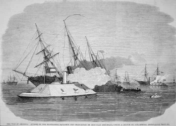 Konfedererade järnklädda anfaller den federala blockadskvadronen utanför Charleston, 4 april 1863 (litho)