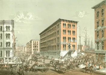 Corner of Clark and South Water Street, från Chicago Illustrated, med litterära beskrivningar av James W. Sheahan, publicerad av Jevne & Almini, Chicago, 1866-67