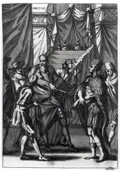 Cortes och Montezuma, från Antonio de Solis y Rivadeneira Solis "History of the Conquest of Mexico", 1691