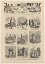 Omslag till Harpers Weekly som visar scener av de förstörda kyrkorna i Chicago, 11 november 1871