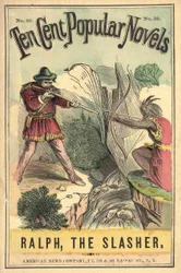 Omslag till boken "Ten cent popular novels - Ralph, the Slasher", nr 39. American News Company. En indisk och en vit duell. Brinnande sd. tidigt 1900-tal.