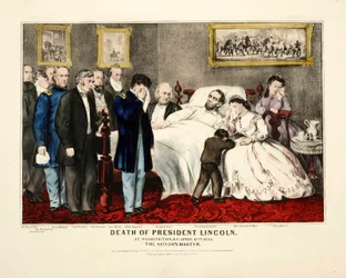 President Lincolns död i Washington, DC, den 15 april 1865, pub. 1865 färglitografi