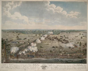 Nederlag för den brittiska armén (Slaget vid New Orleans), pub. 1815 (handfärgad gravyr)