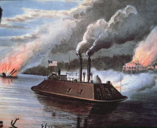 Federalt järnklädd skepp på Mississippi bombarderar fiendeterritoriet (lito i färg)