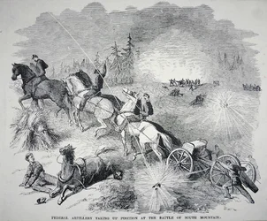 Federalt artilleri tar upp position vid slaget vid South Mountain, september 1862 (gravyr)