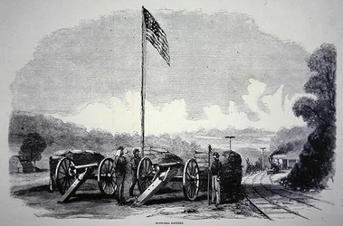 Federalt sandsäcksbatteri för att skydda järnvägen under det amerikanska inbördeskriget (1861-65) (litho)
