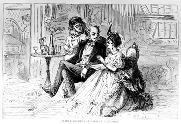 Kvinnliga mäklare som säkrar en kund, illustration från The Bulls and Bears of New York, av Matthew Hale Smith (1810-79) 1873